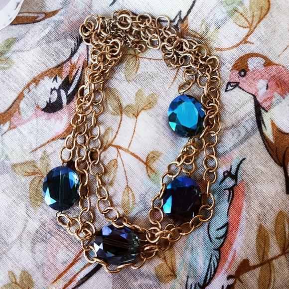 Midnight Blue Iridescent Oil Slick Faceted Glass Crystal Gold Tone Triple Strand - Picture 4 of 10